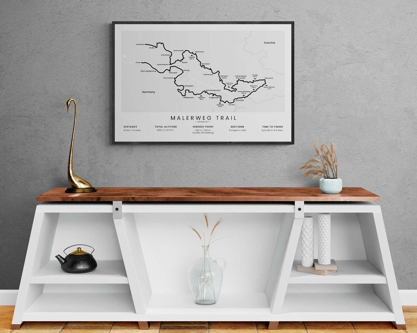 Malerweg Trail (Saxon Switzerland) Map Art in Minimal Room Decor