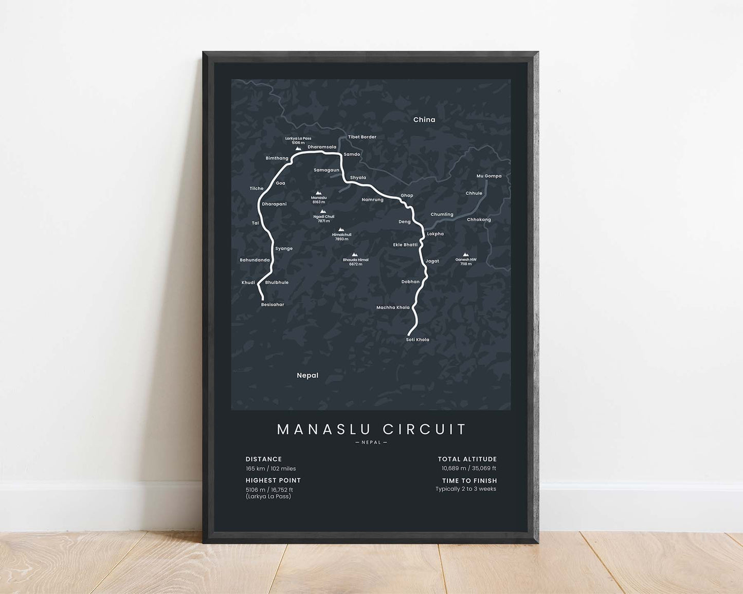 Manaslu Circuit Trek (Himalayas) Hike Print with Black Background
