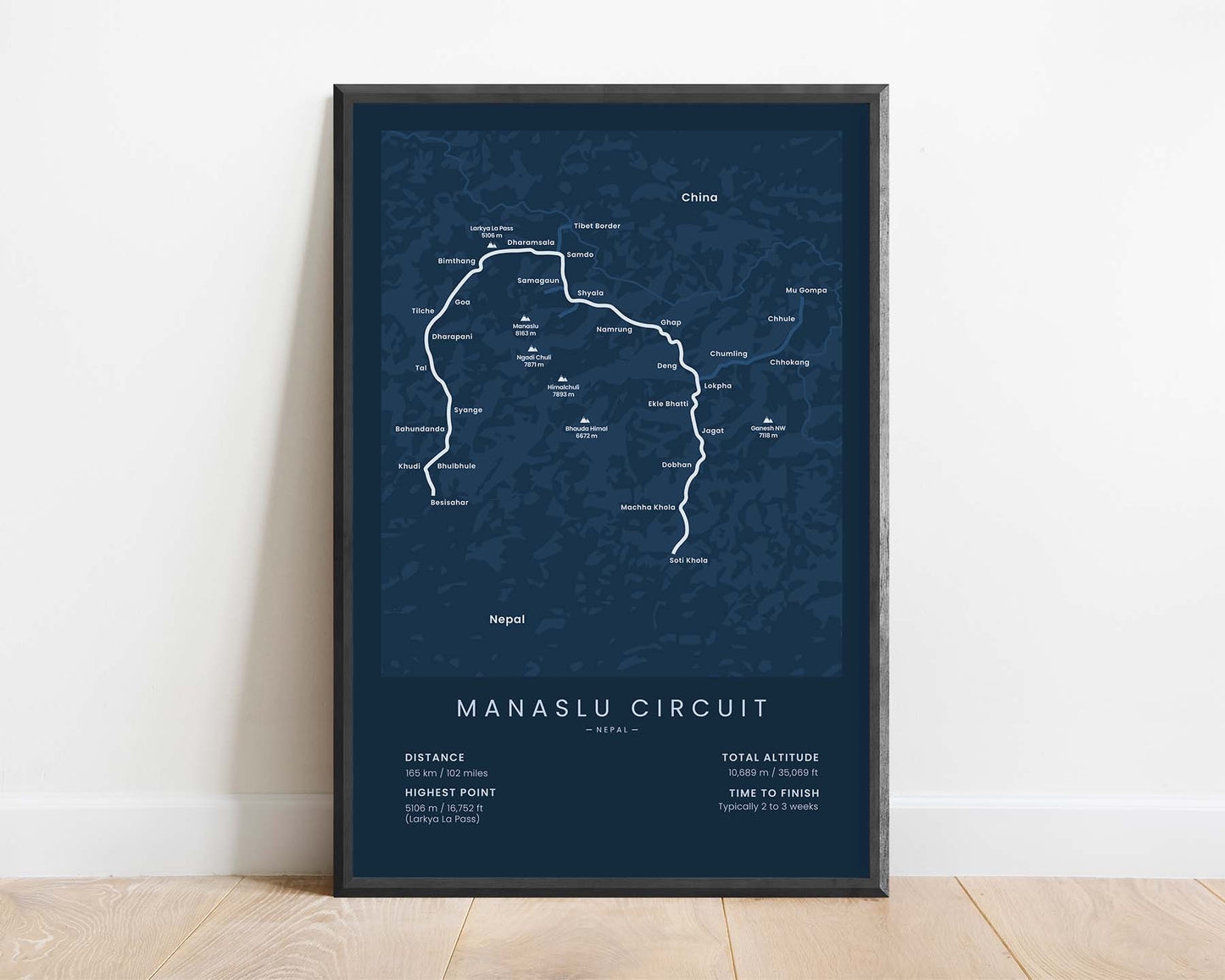 Tsum Valley Side Trek (Nepal) Thru-Hike Map Art with Blue Background