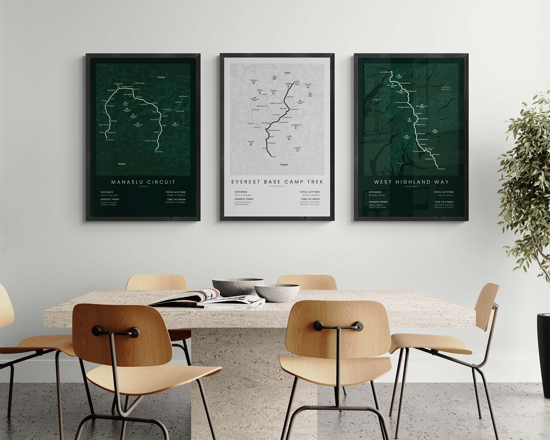 Manaslu Circuit Trek (Nepal) Track Wall Map in Minimal Interior Decor
