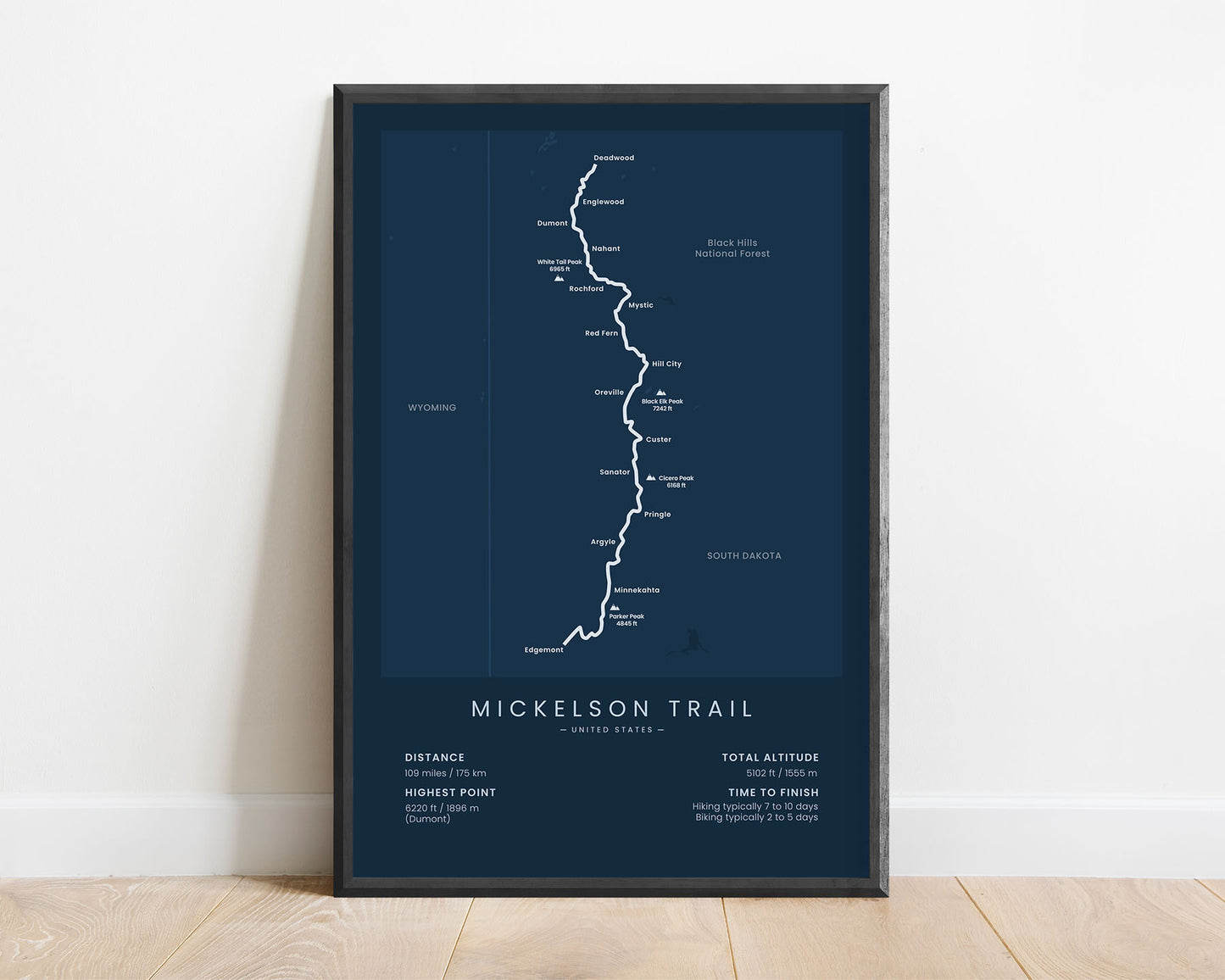 Mickelson Trail (Deadwood to Edgemont) Path Wall Map with Blue Background
