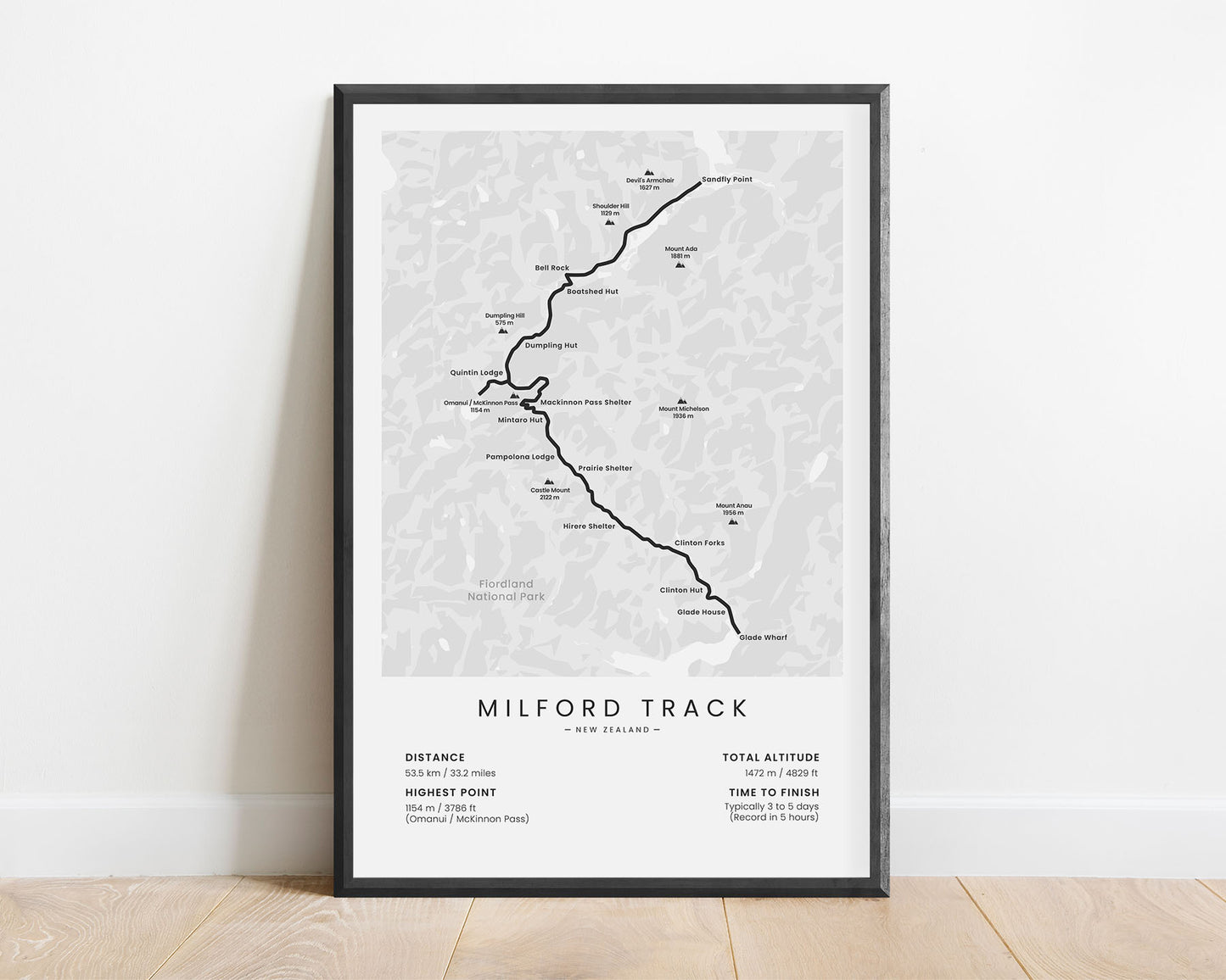 Milford Track (Fiordland National Park) hike wall art with white background