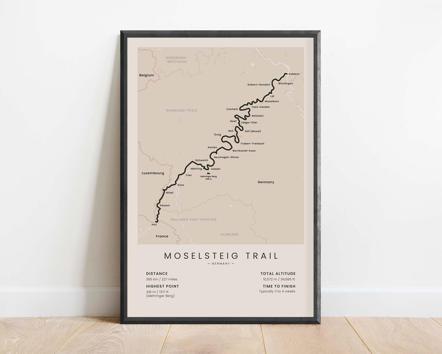 Der Moselsteig (Saarland, Rhineland-Palatinate, Moselle Valley) Hike Map Poster with Beige Background