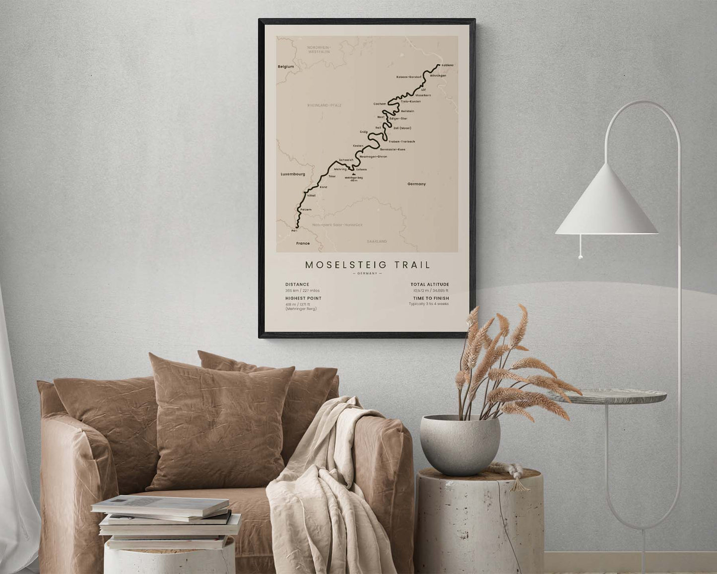 Der Moselsteig (Germany, Saarland, Koblenz) Route Map Art in Minimal Room Decor