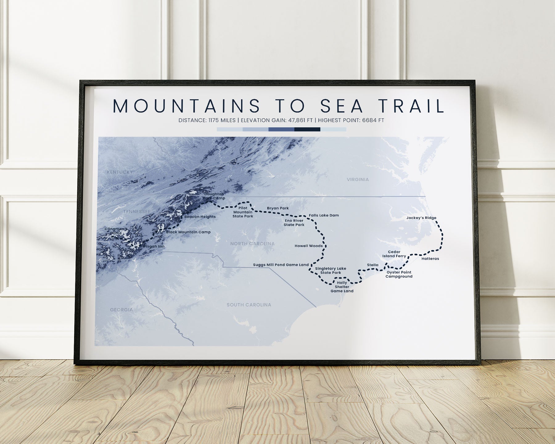 Mountains to Sea Trail (Clingman's Dome to Jockey's Ridge) Path Wall Decor with Minimal Blue Background