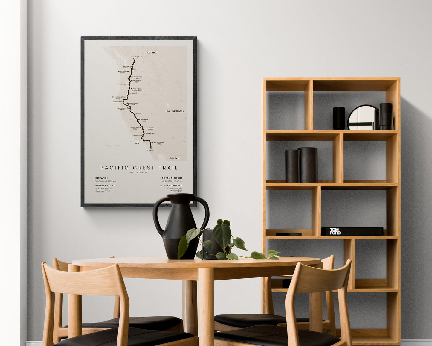 Pacific National Scenic Trail in United States cross-country trekking wall map with beige background in dining room