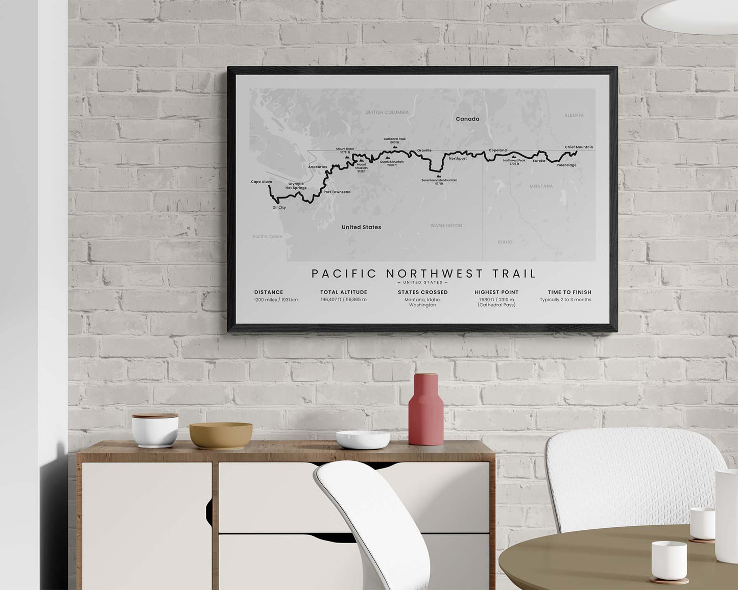 Pacific Northwest National Scenic Trail (Washington) Trek Map Art in Minimal Room Decor