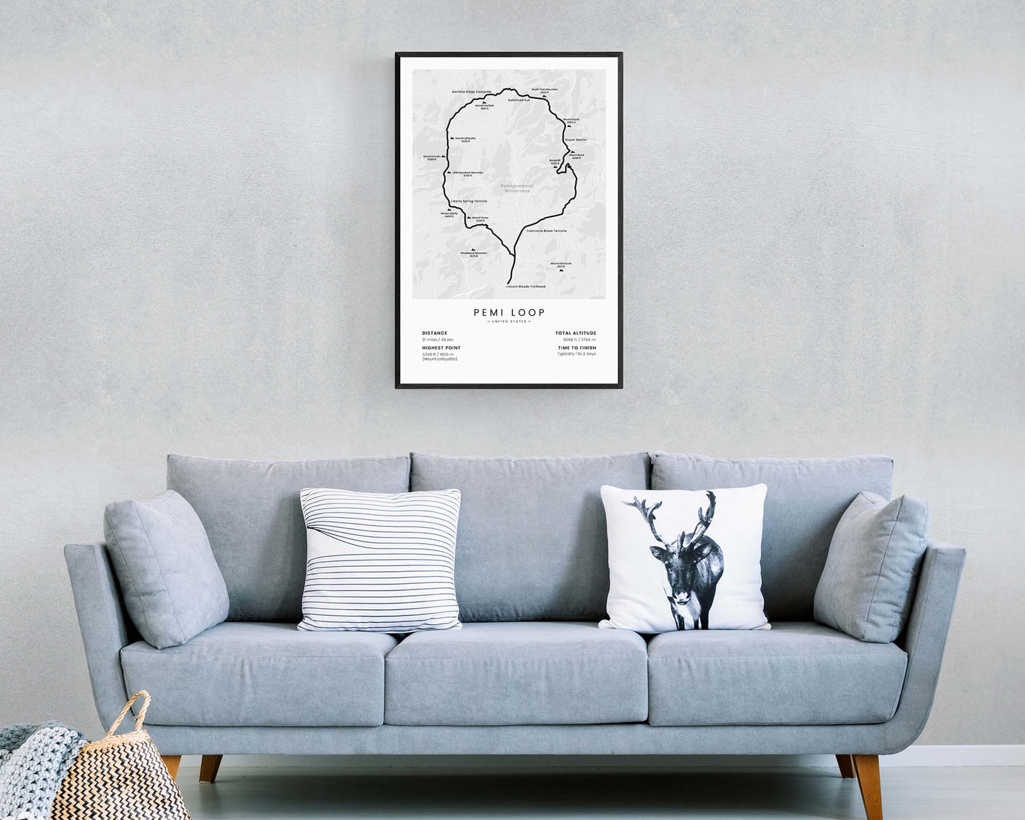Pemigewasset Loop (New Hampshire) Route Wall Map Art in minimal room decor