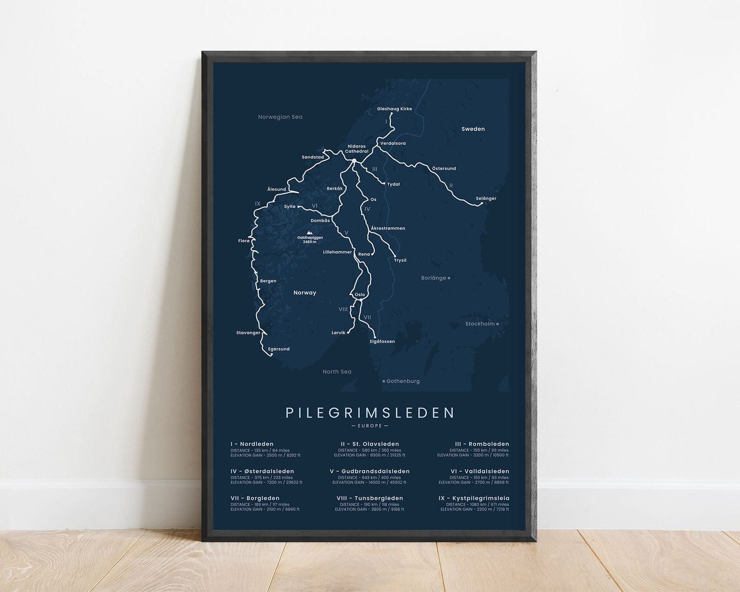 Pilgrim's Route (Trondheim) Thru-Hike Wall Decor with Blue Background