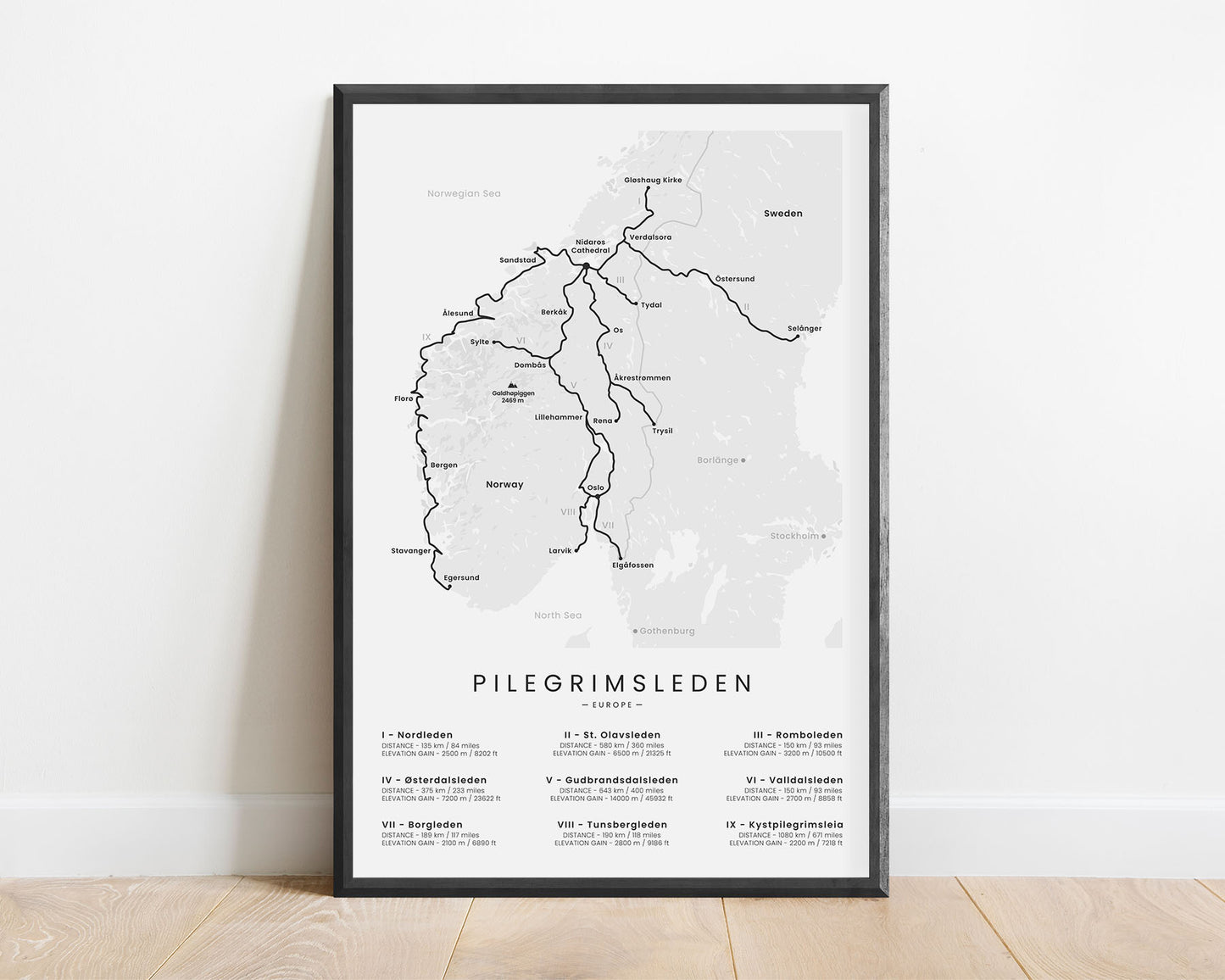 Pilegrimsleden (Nidaros Cathedral) Route Wall Map with White Background