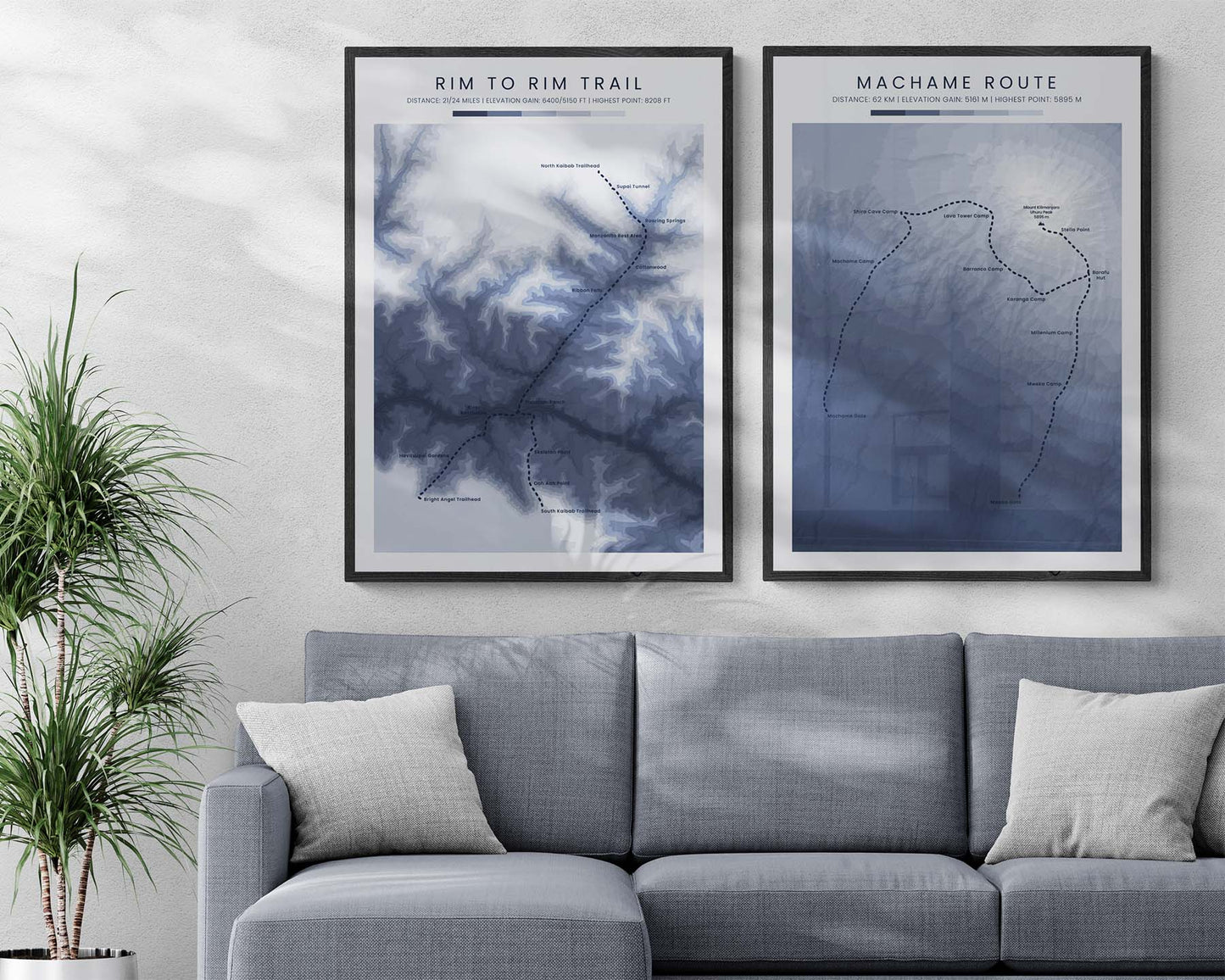 Rim to Rim to Rim (North Kaibab to Bright Angel Trailhead) Trail Poster with Contour Map in Modern Living Room Decor