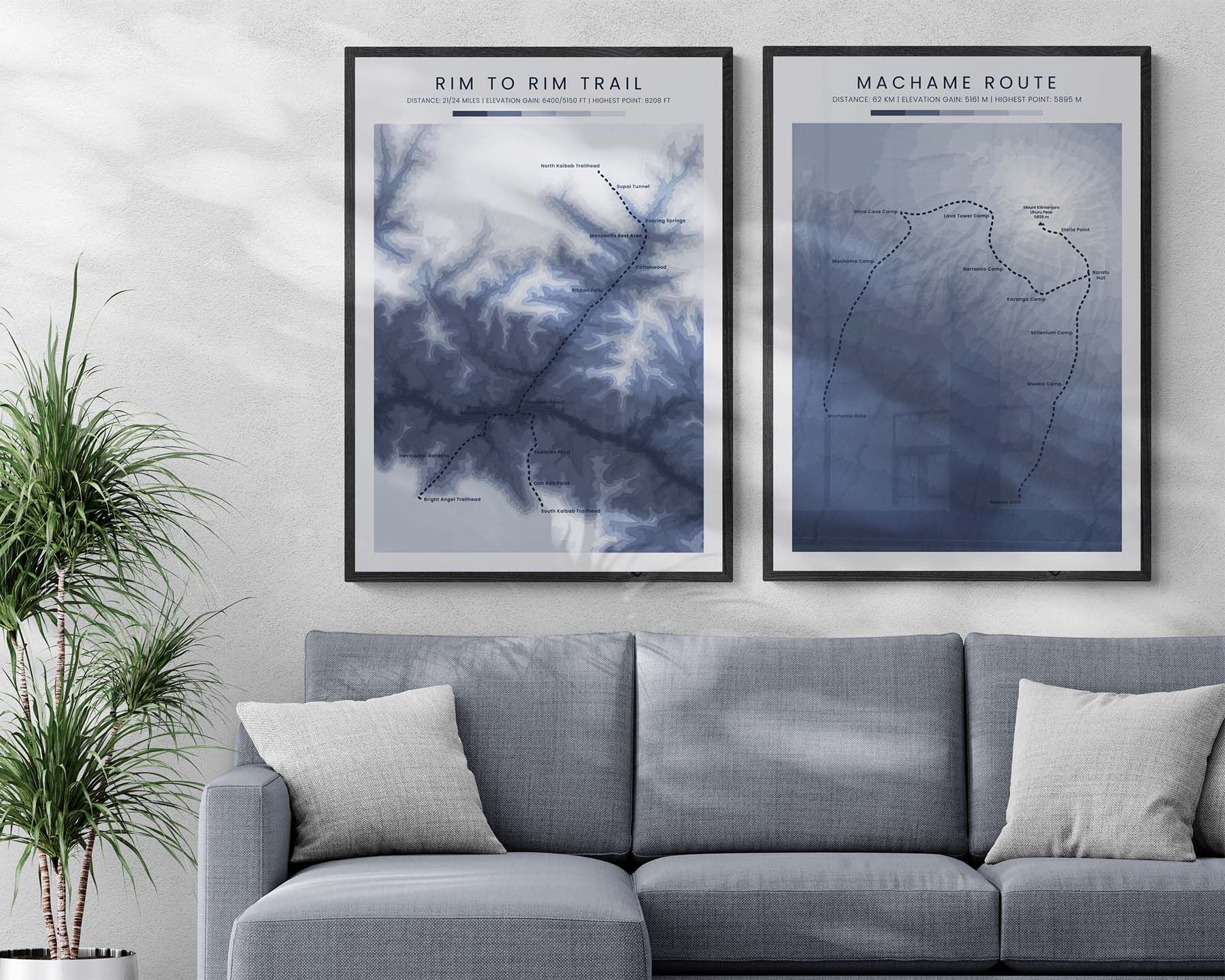 Rim to Rim to Rim (North Kaibab to Bright Angel Trailhead) Trail Poster with Contour Map in Modern Living Room Decor