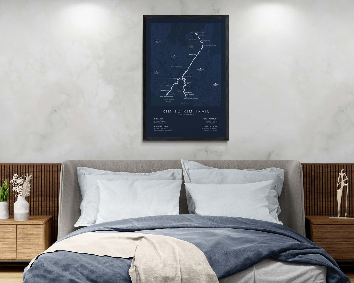 R2R (United States, North Kaibab to South Kaibab, North to South Rim, Arizona) Trail Print in Minimal Interior Decor