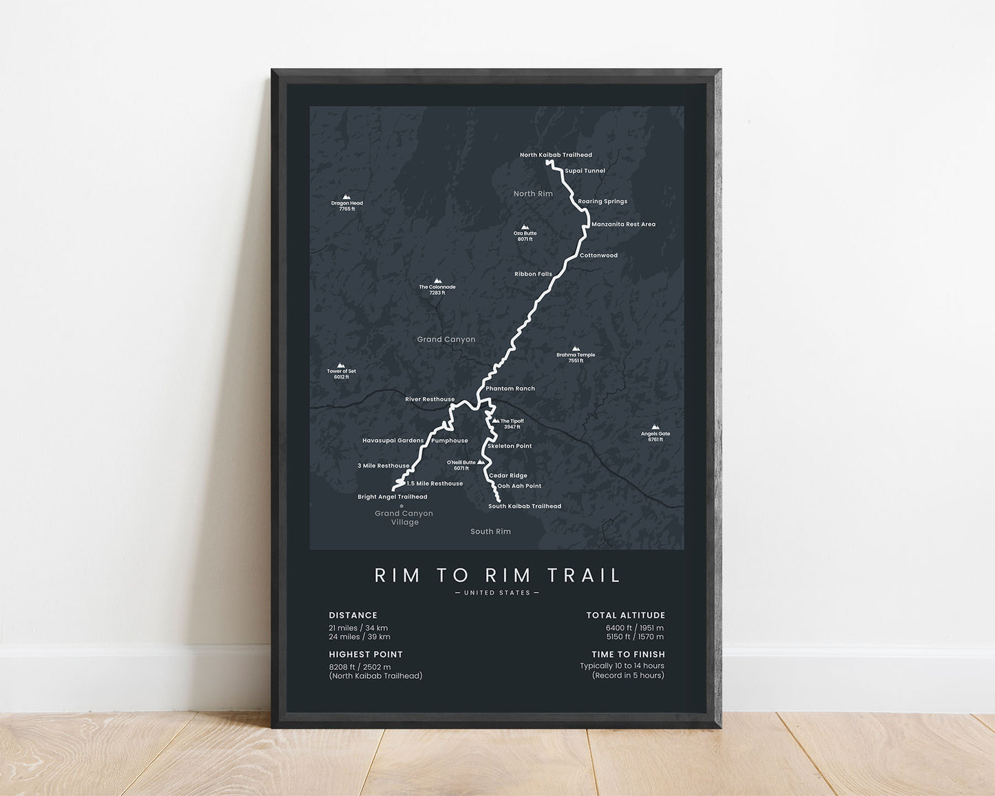 Rim to Rim (North Kaibab to South Kaibab, United States, North Kaibab to Bright Angel Trailhead, Arizona) Trail Wall Art with Black Background