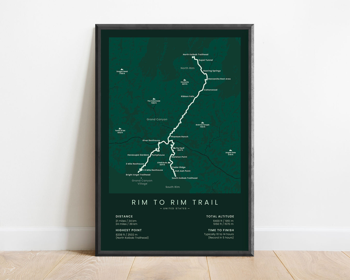 Rim to Rim to Rim (North Kaibab to Bright Angel Trailhead, Arizona, United States, North Kaibab to Grand Canyon Village) Trek Map Art with Green Background