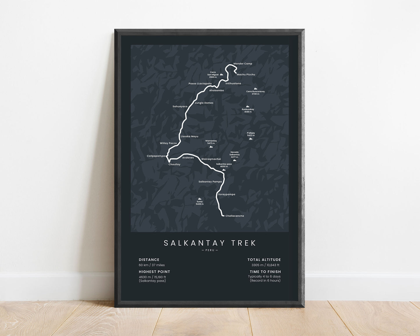 Salkantay Trek to Machu Picchu (Mollepata to Machu Picchu) path wall map art with black background