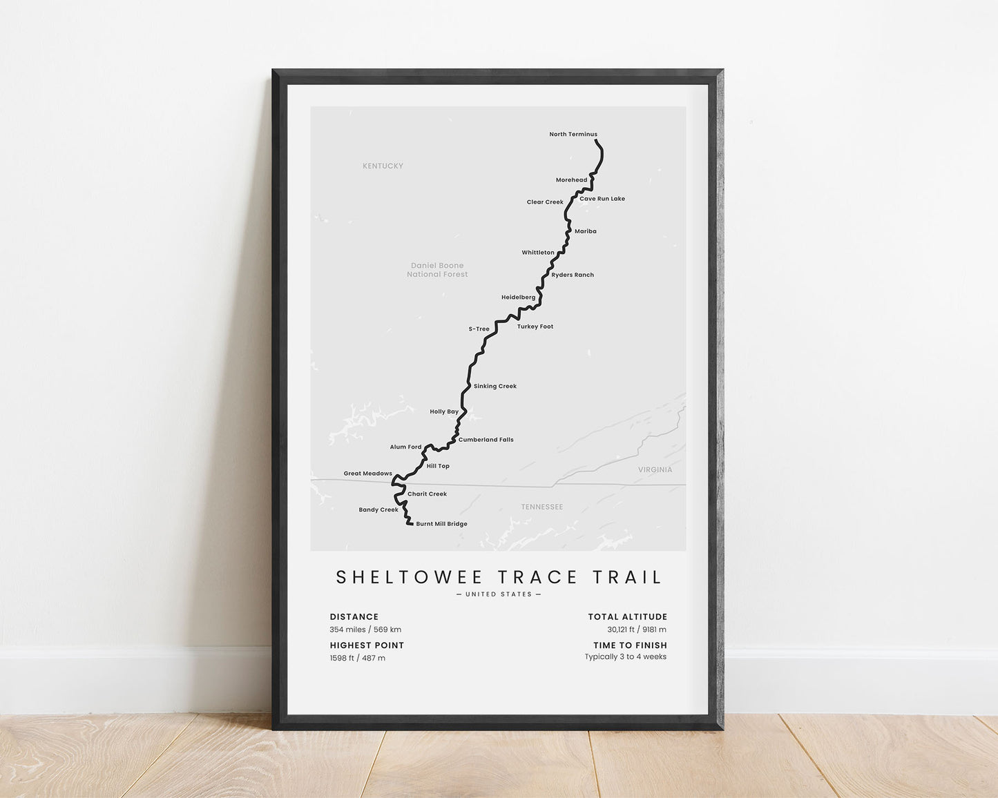 Sheltowee Trace Trail (Kentucky) Hike Wall Map with White Background