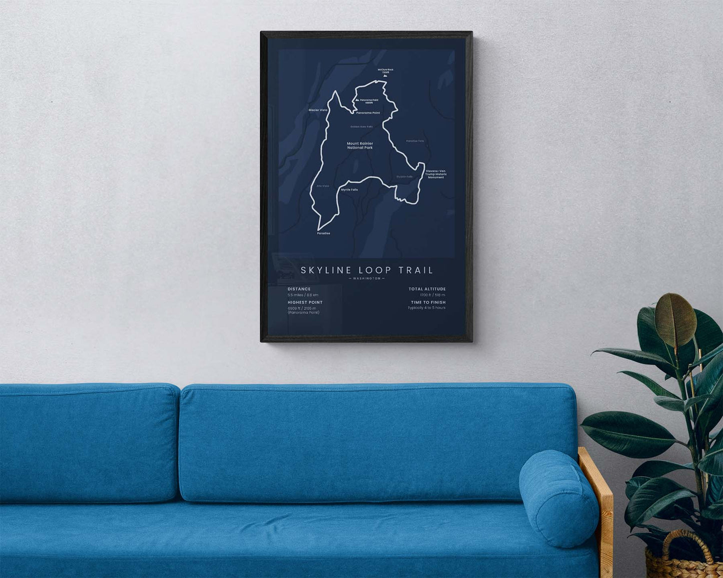 Mount Rainier Loop (Washington) Path Wall Map in Minimal Room Decor