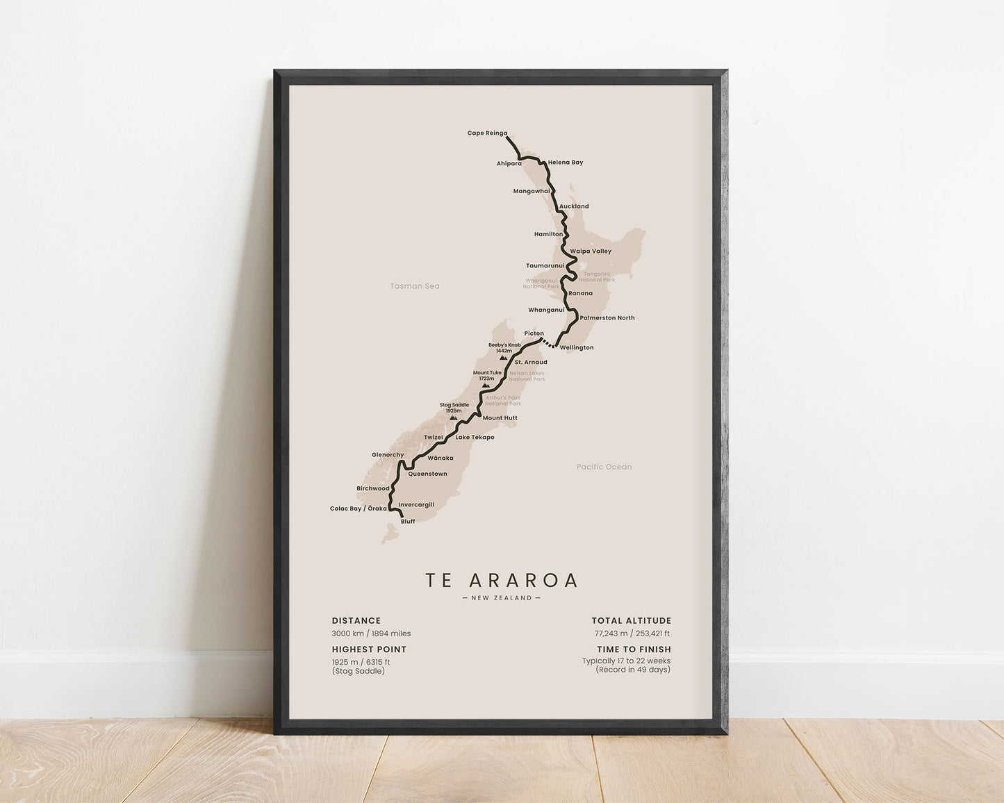 The Long Pathway (Cape Reinga to Bluff) Hike Wall Art with Beige Background