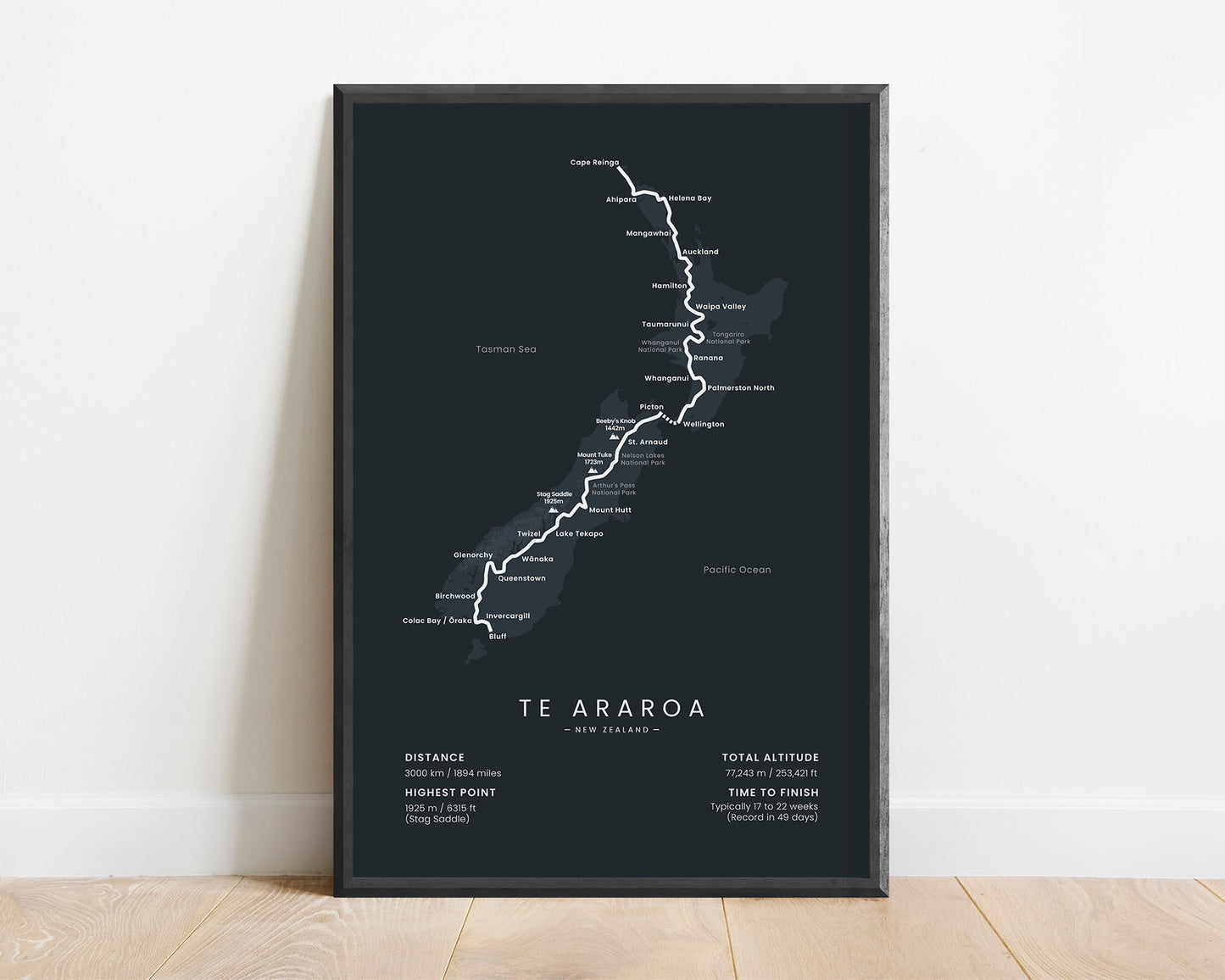 Te Araroa (New Zealand) Hiking Trail Print with Black Background