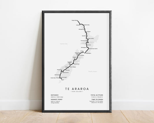 Te Araroa (New Zealand) Thru Hike Wall Map with White Background