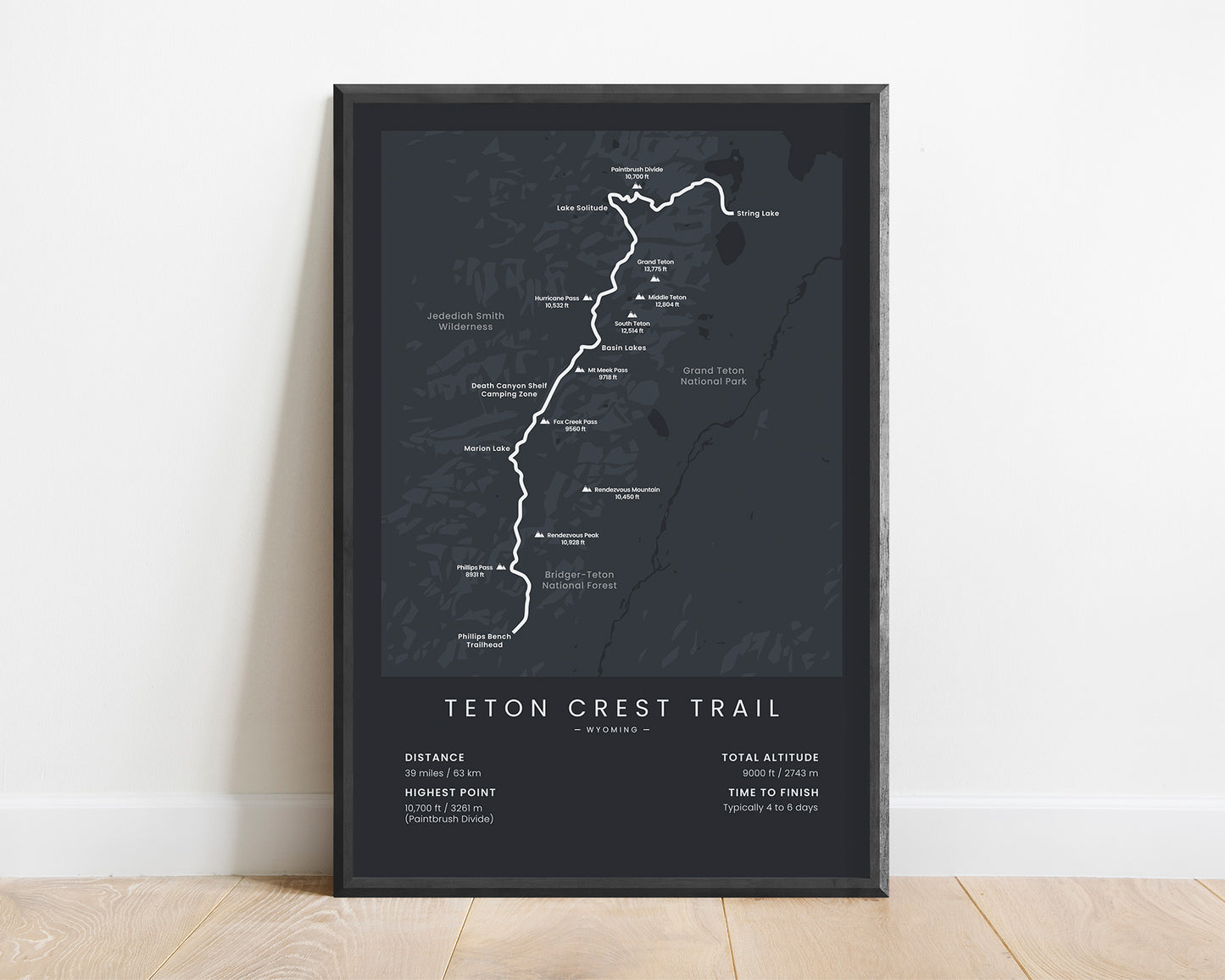 Teton Crest Trail (Philip Pass to String Lake) Track Wall Art with Black Background
