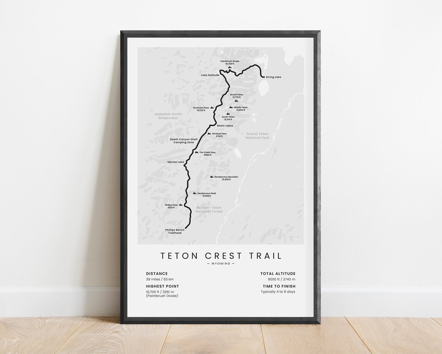 Teton Crest Trail (Grand Teton National Park) Route Wall Map with White Background