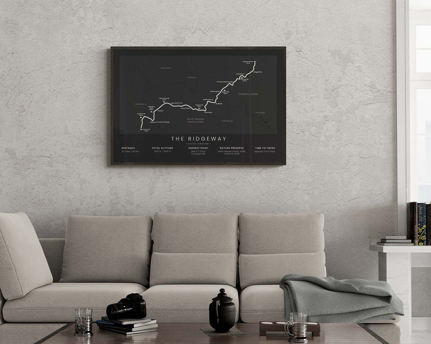 The Ridgeway National Trail (England) Thru Hike Wall Map in minimal room decor