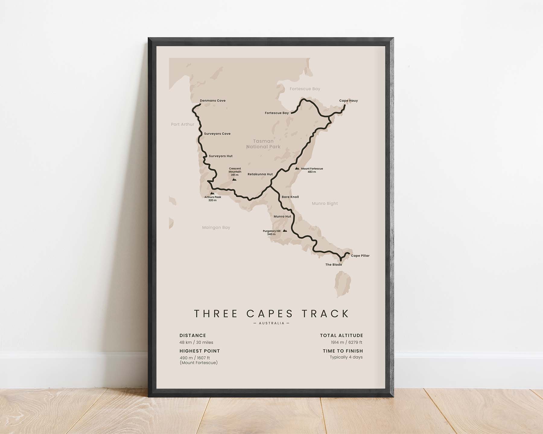 Three Capes Walk (Cape Pillar, Tasman Peninsula, Tasmania, Cape Raoul, Port Arthur Historic Site, Denmans Cove, Cape Hauy) Route Wall Map with Beige Background