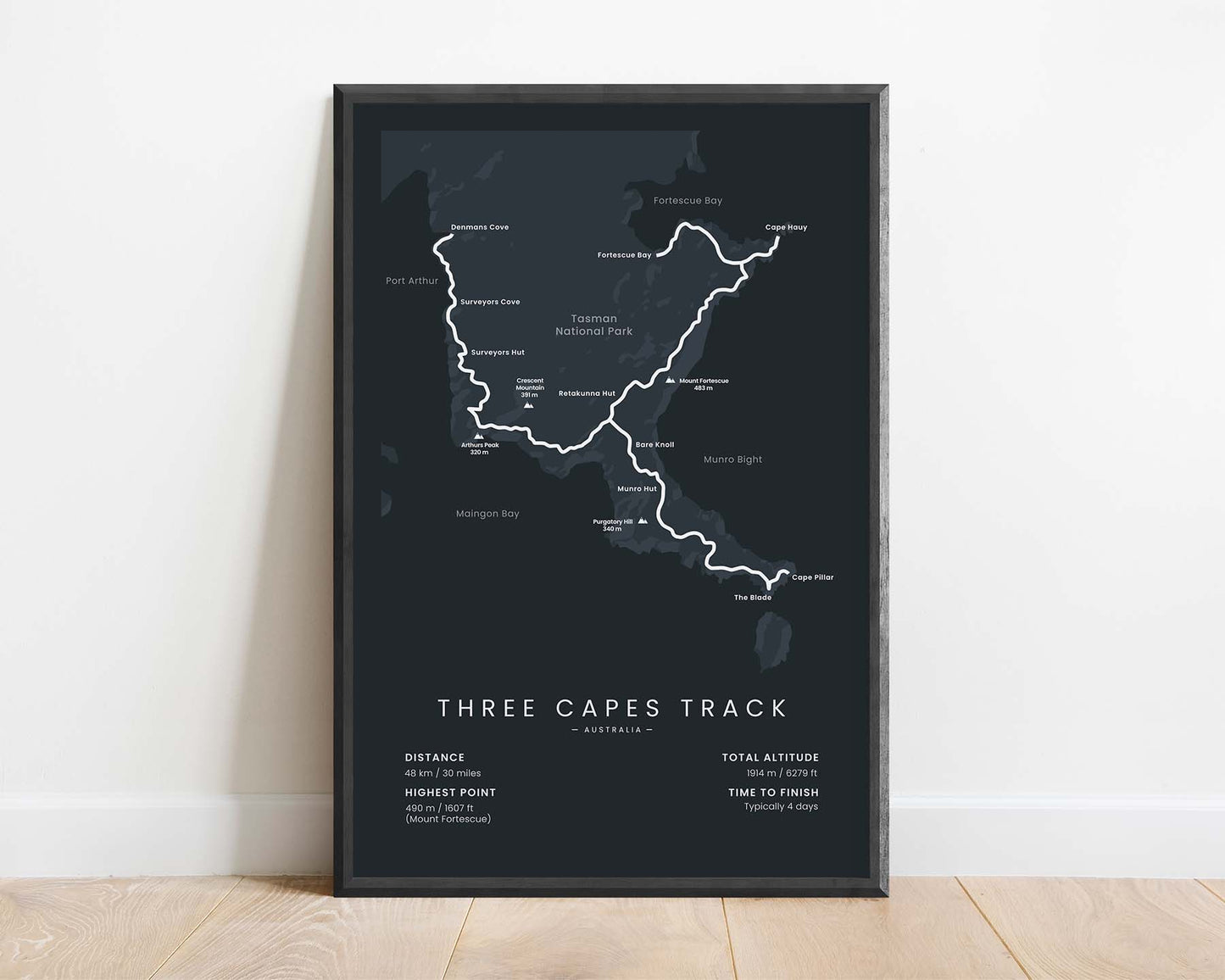 Three Capes Track (Tasman Peninsula, Cape Hauy, Denmans Cove, Cape Raoul, Cape Pillar, Port Arthur Historic Site, Tasmania) Trail Wall Art with Black Background