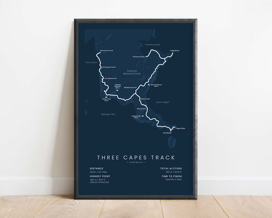 Three Capes Walk (Cape Raoul, Tasmania, Port Arthur Historic Site, Cape Hauy, Denmans Cove, Cape Pillar, Tasman Peninsula) Path Print with Blue Background