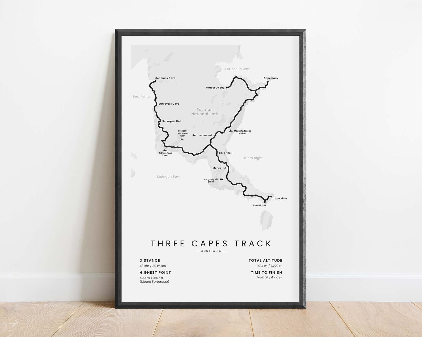 Three Capes Track (Cape Raoul, Tasman National Park, Port Arthur Historic Site, Denmans Cove, Cape Pillar, Tasmania, Cape Hauy) Thru Hike Poster with White Background