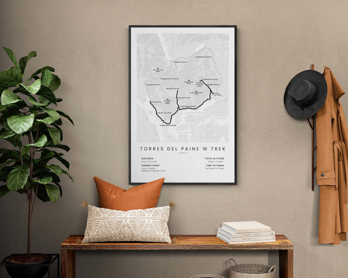 Torres Del Paine W Trek Path Pint with white background in living room