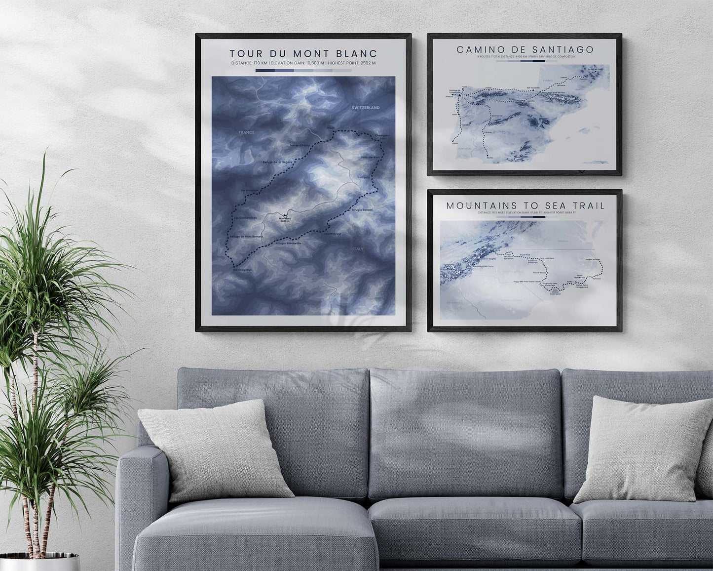 Mont Blanc Loop (Switzerland) Trek Map with Topographic Map in Modern Room Decor
