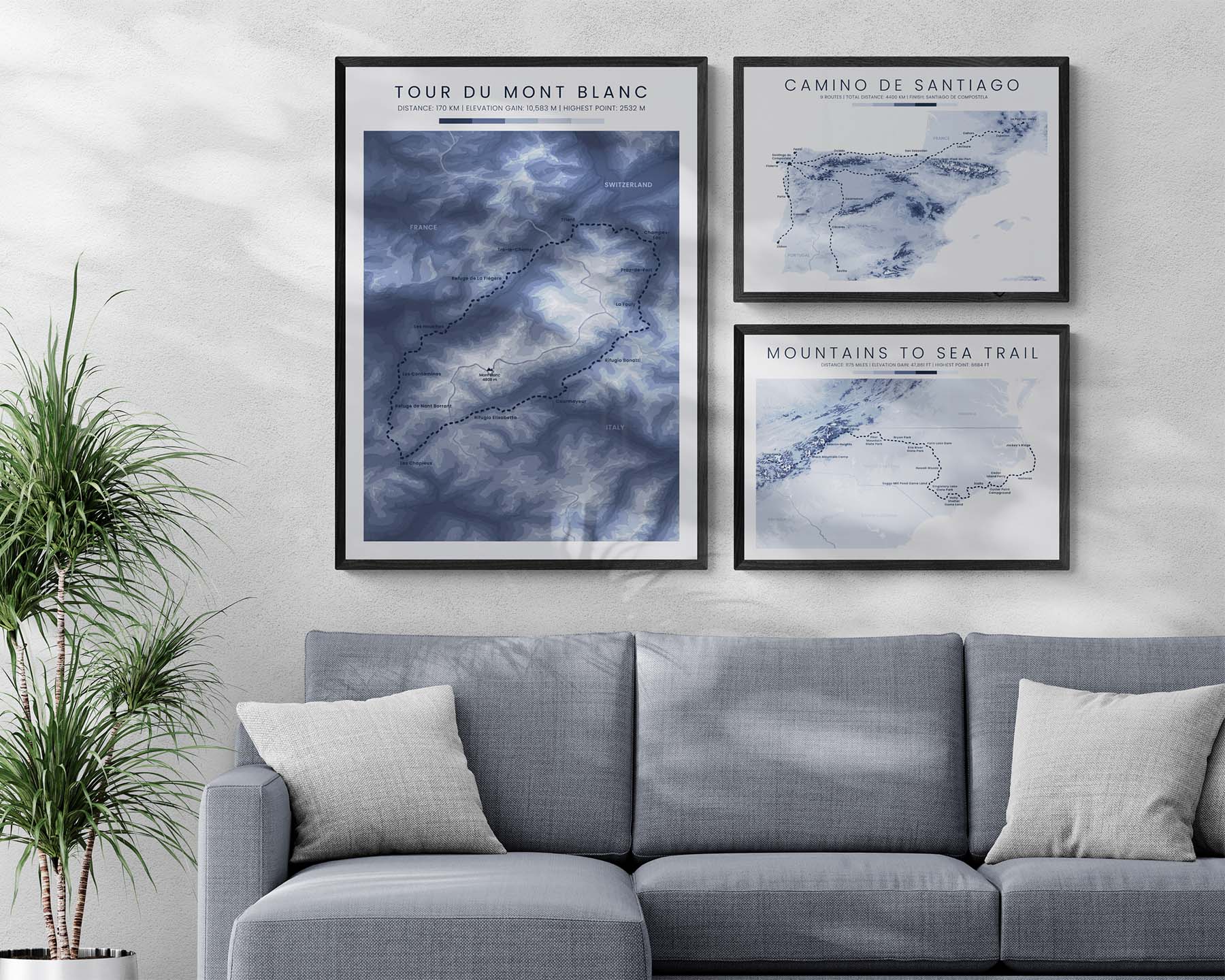 Mont Blanc Loop (Switzerland) Trek Map with Topographic Map in Modern Room Decor