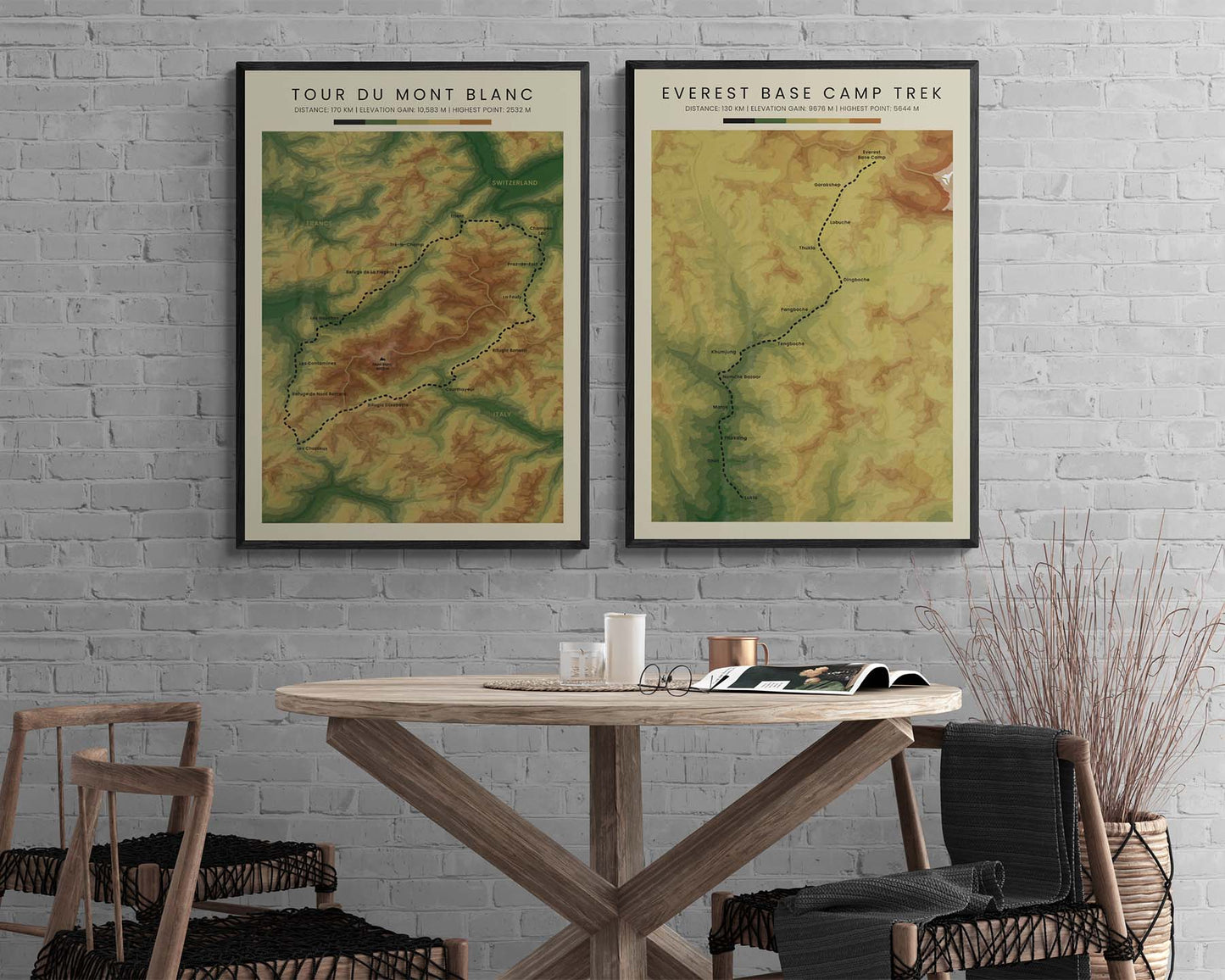 TMB (France) Path Print with Shaded Relief Map in Modern Wall Art Decor
