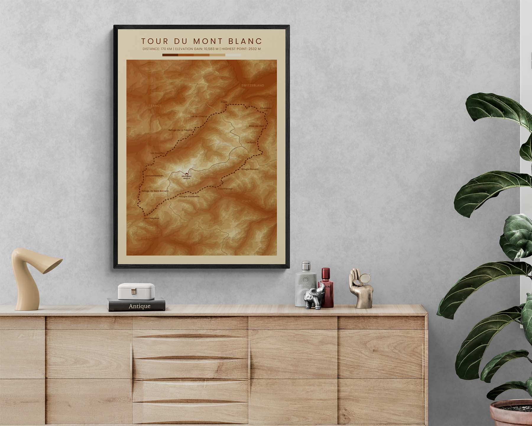 Ultra Tour du Mont Blanc (Alps) Route Poster with Contour Map in Modern Living Room
