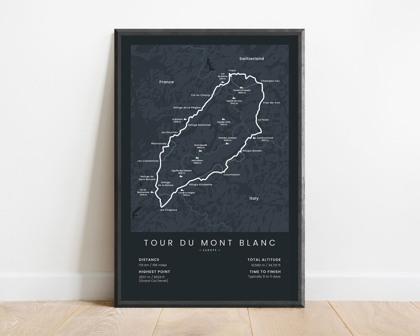 Mont Blanc Loop (Alps) Trail Map Art with Black Background