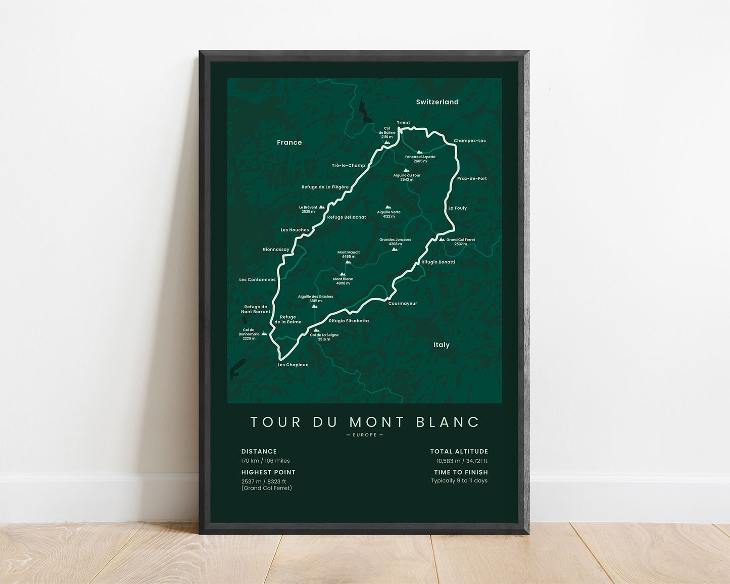 TMB (Mont Blanc) Thru Hike Poster with Green Background