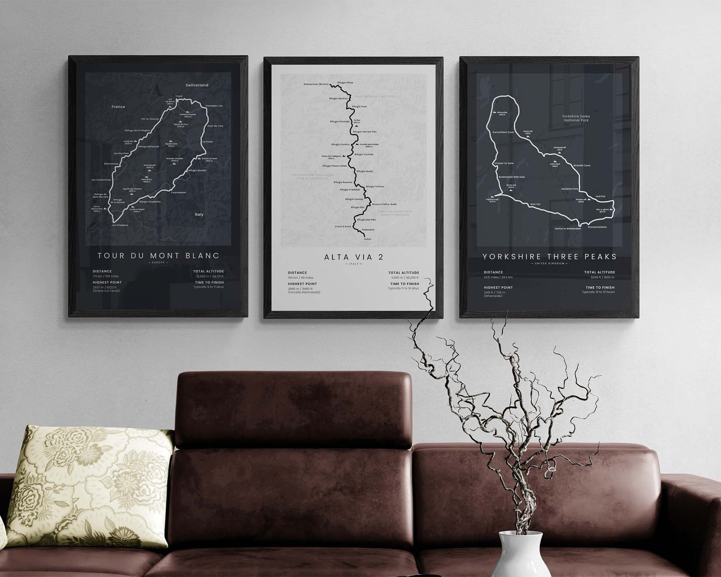 Tour du Mont Blanc (Grand Col Ferret) Route Map Art in Minimal Room Decor