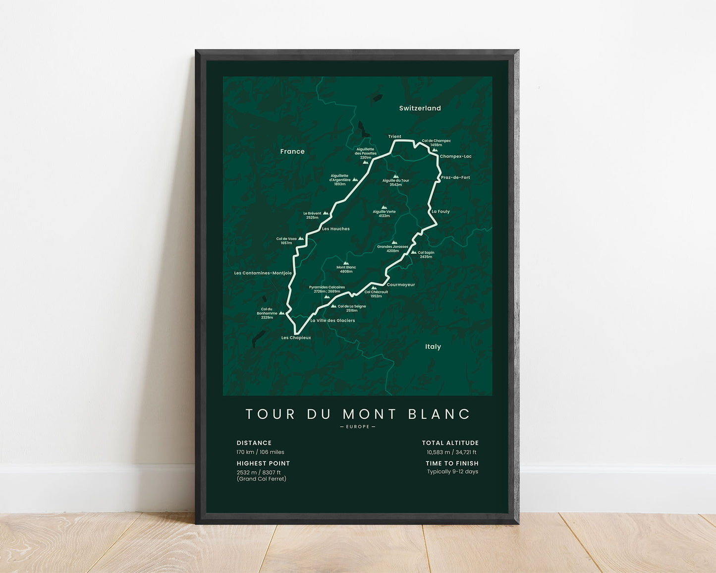 Tour Du Mont Blanc walking path minimalist wall decoration with green background