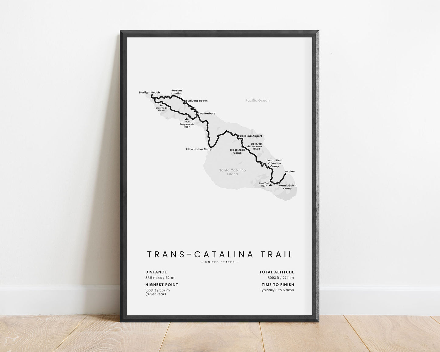 Trans-Catalina Trail (Santa Catalina Island) Hike Wall Map with White Background