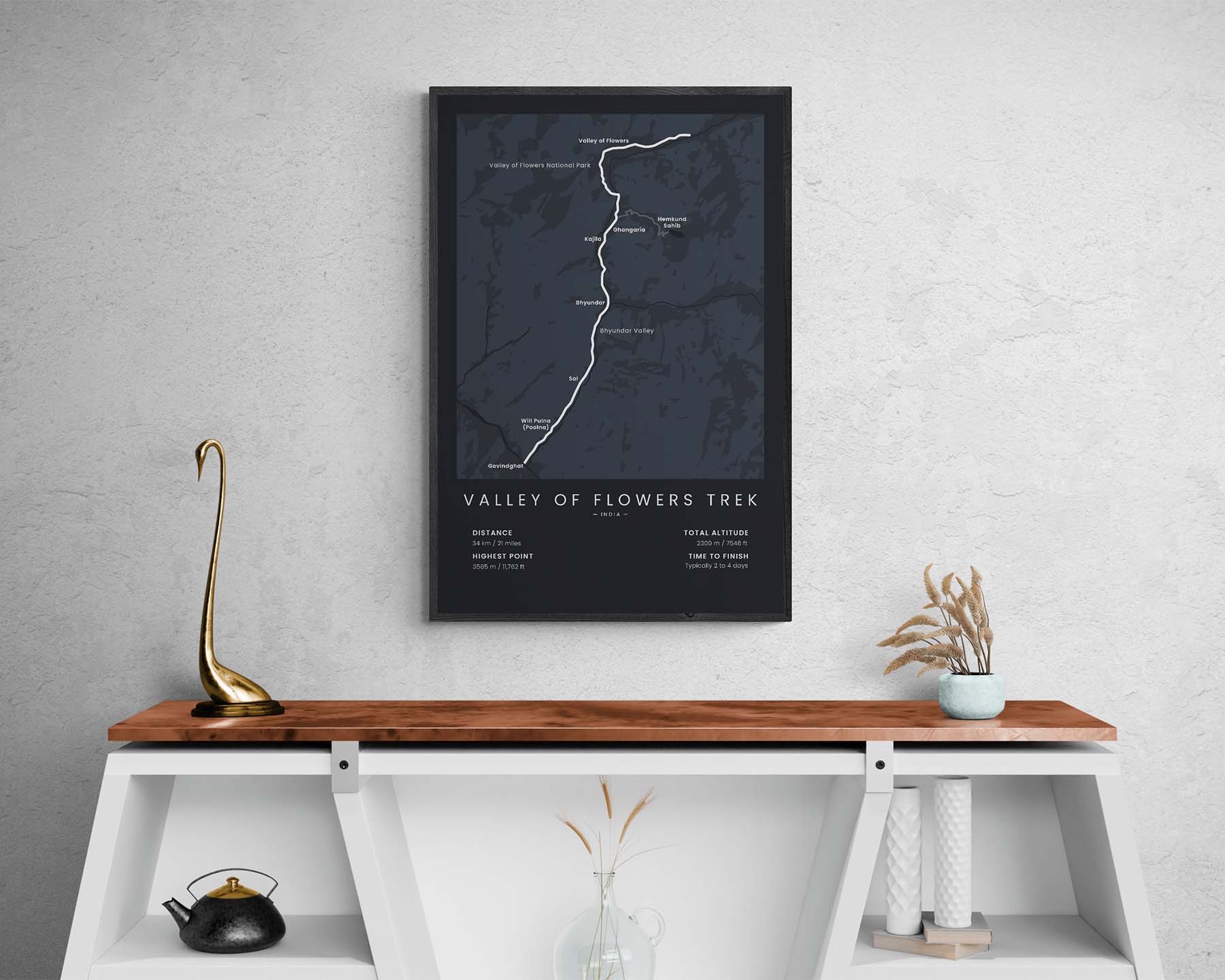 Valley of Flowers and Hemkund Sahib Trek (India) track poster in minimal room decor