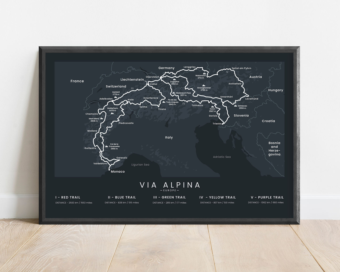 Via Alpina Red, Blue, Green, Yellow, and Purple trails (France) poster with black background