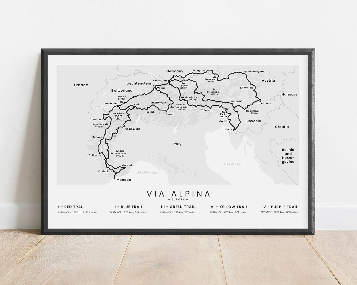 Via Alpina (Switzerland) All trails Hike wall art with white background
