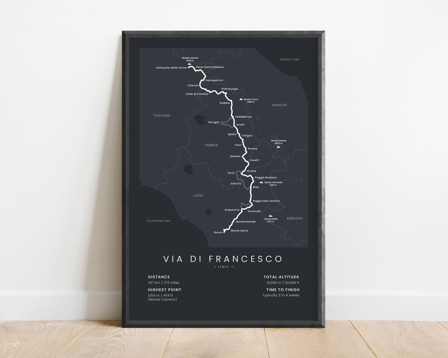 The Way of St Francis (Umbria) Track Map Art with Black Background