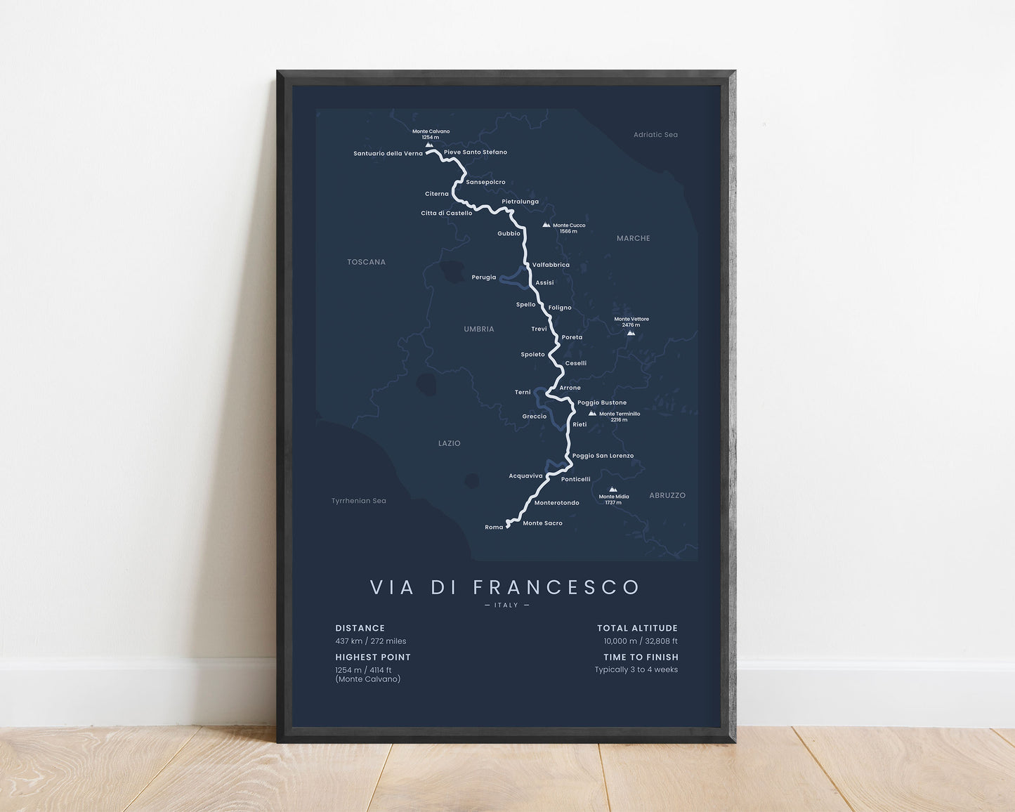 Via di Francesco (Lazio) Thru-Hike Wall Decor with Blue Background