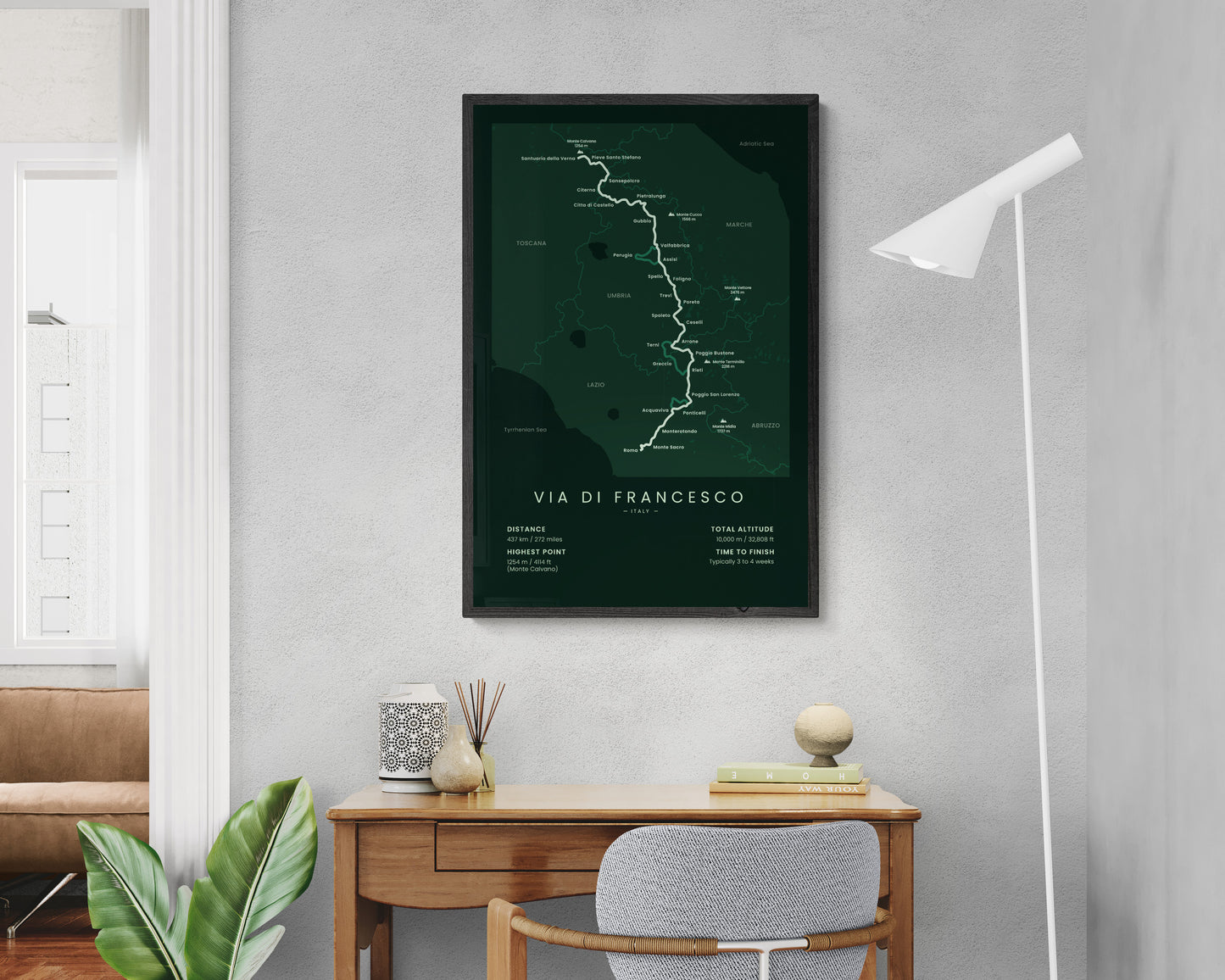Via di Francesco (Italy) Route Wall Map in Minimal Room Decor