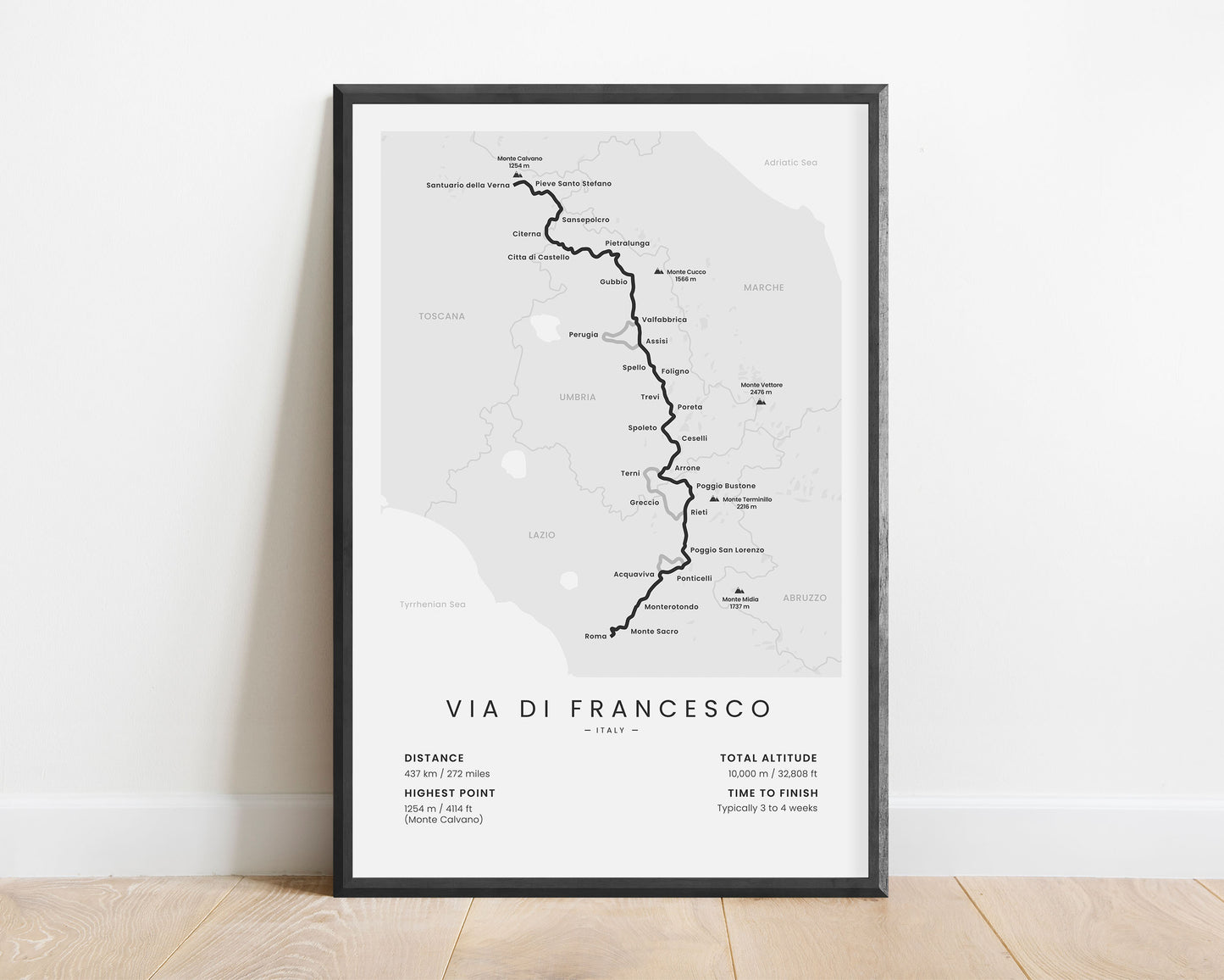 Via di Francesco (Italy) Route Wall Map with White Background