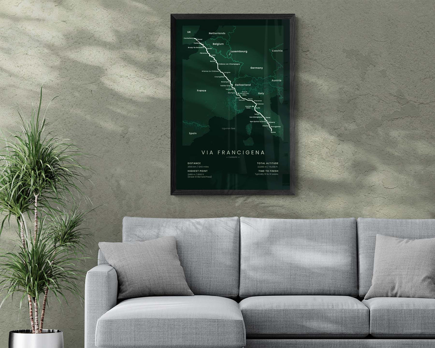 Via Romea Francigena (Switzerland, Canterbury to Rome, Italy, France, United Kingdom, Europe) Thru Hike Wall Art in Minimal Interior Decor